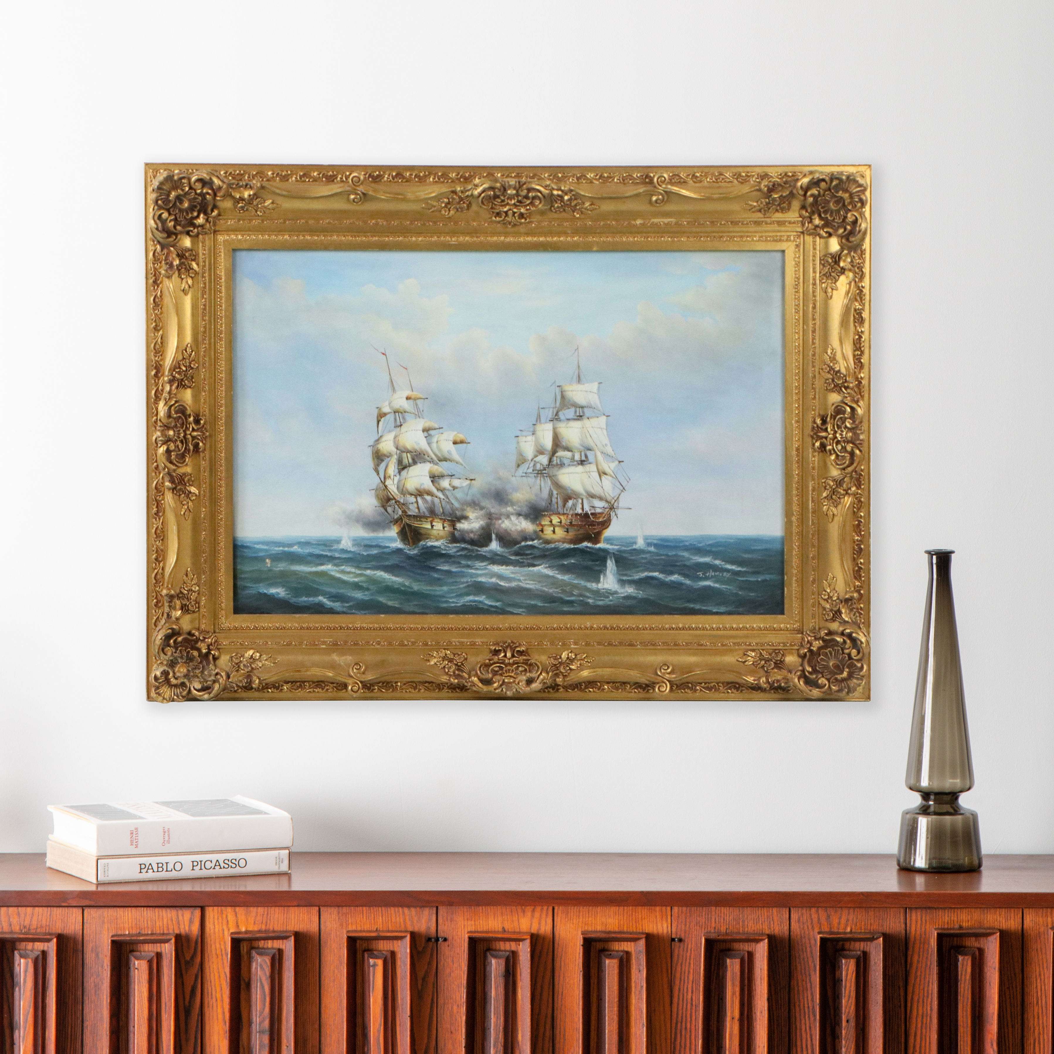 J. Harvey Maritime Oil Painting of Clipper Ships In Battle, Late 20th Century