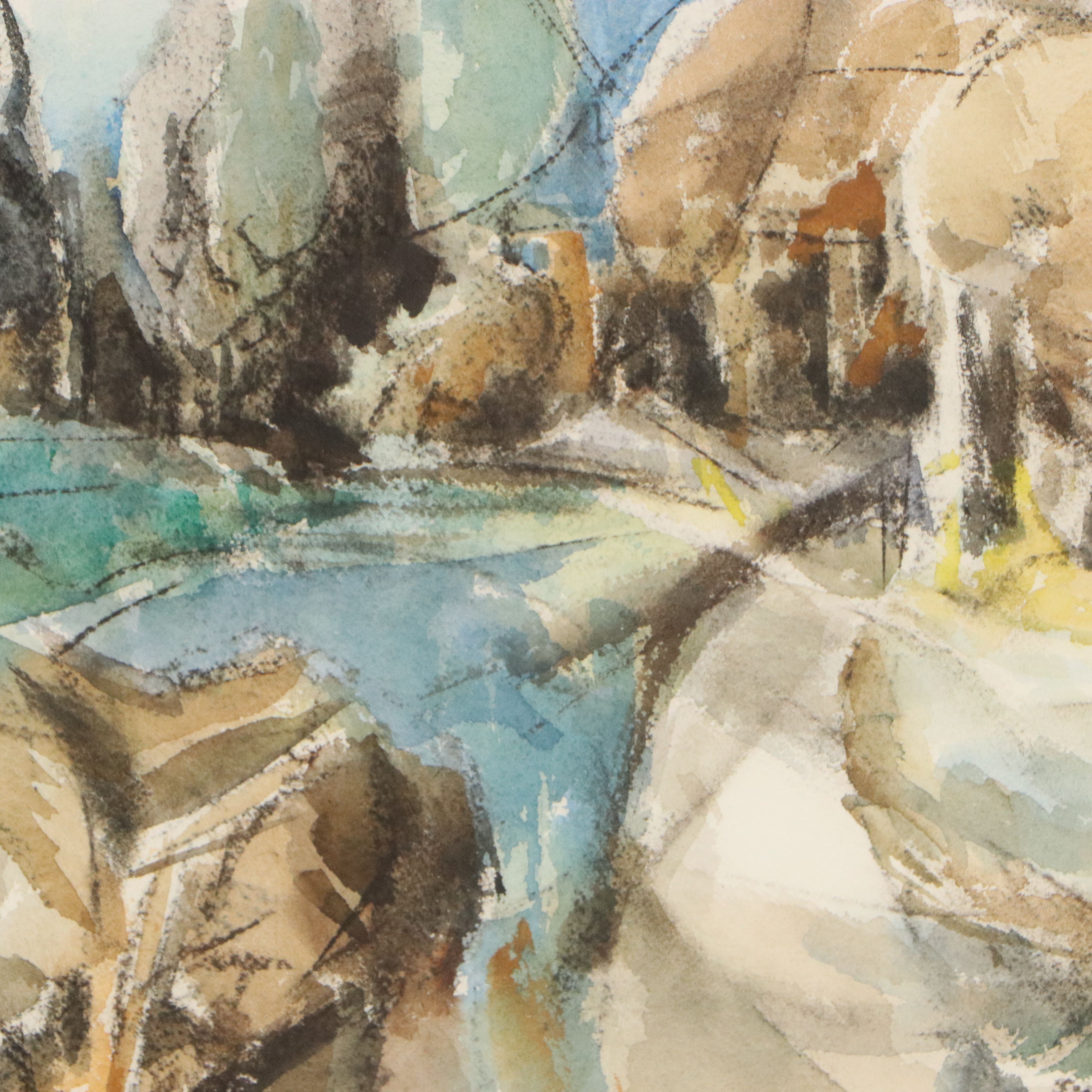 Worley Modernist Landscape Watercolor Painting, 1969