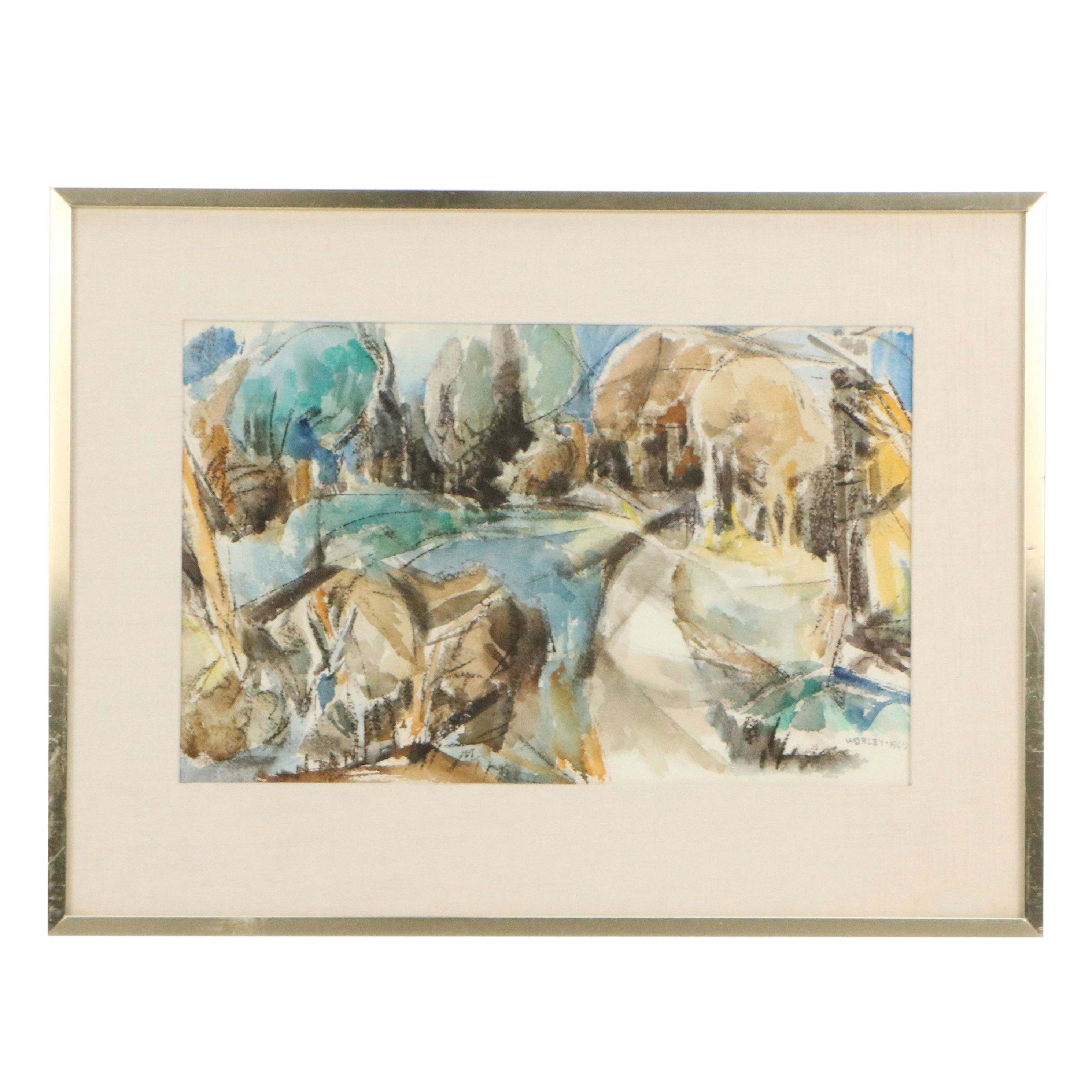Worley Modernist Landscape Watercolor Painting, 1969