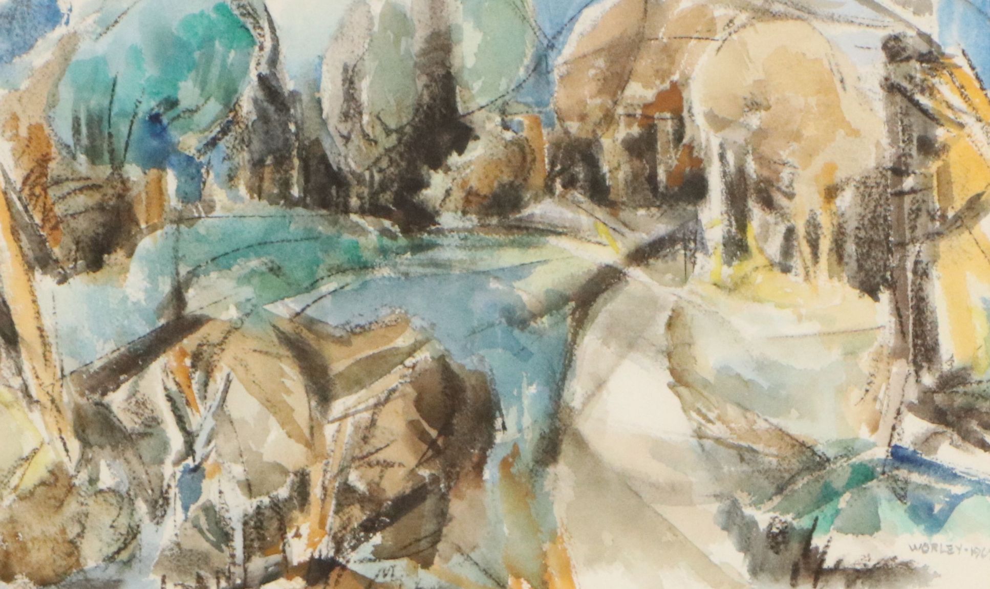 Worley Modernist Landscape Watercolor Painting, 1969