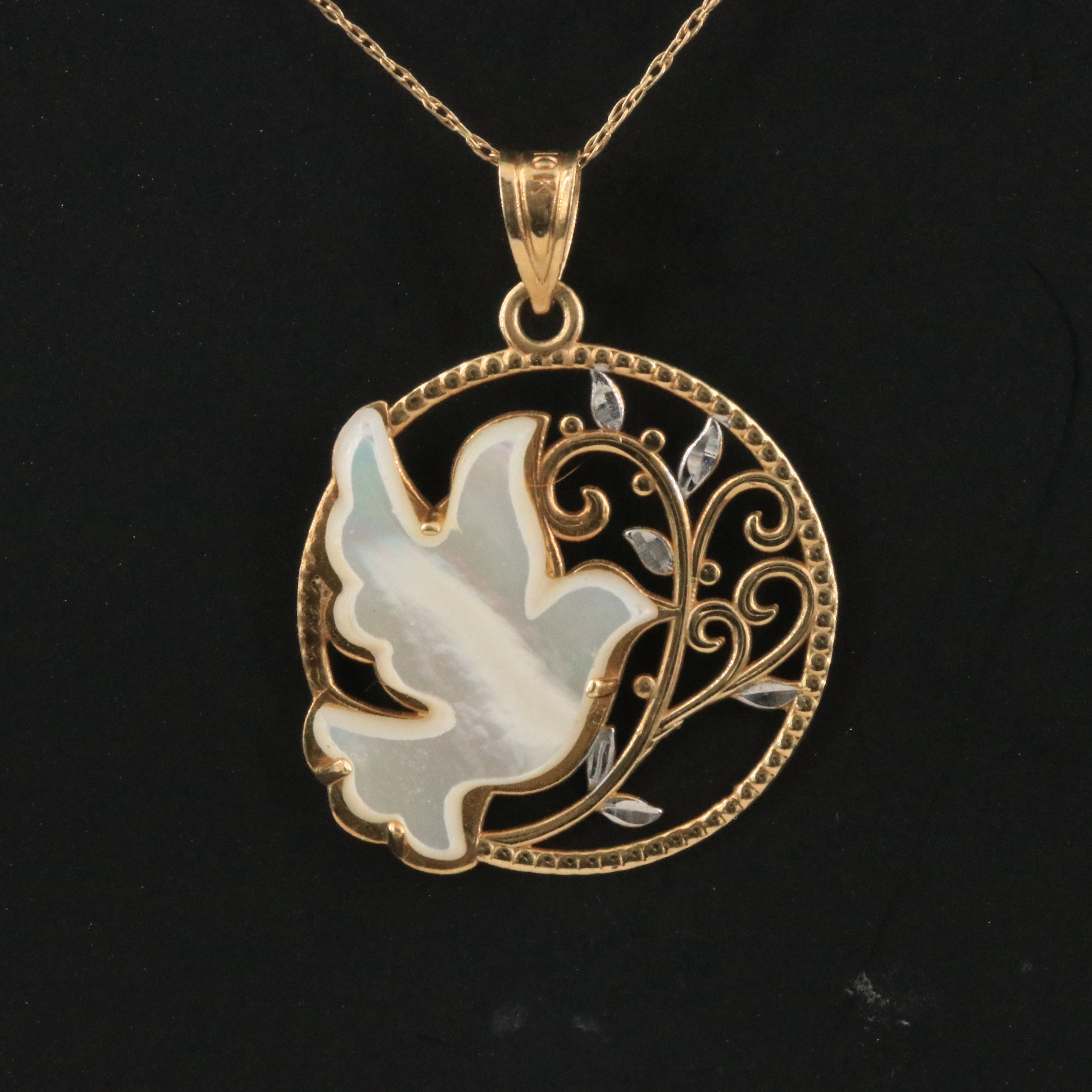 10K Mother-of-Pearl Winged Dove Circle Pendant Necklace