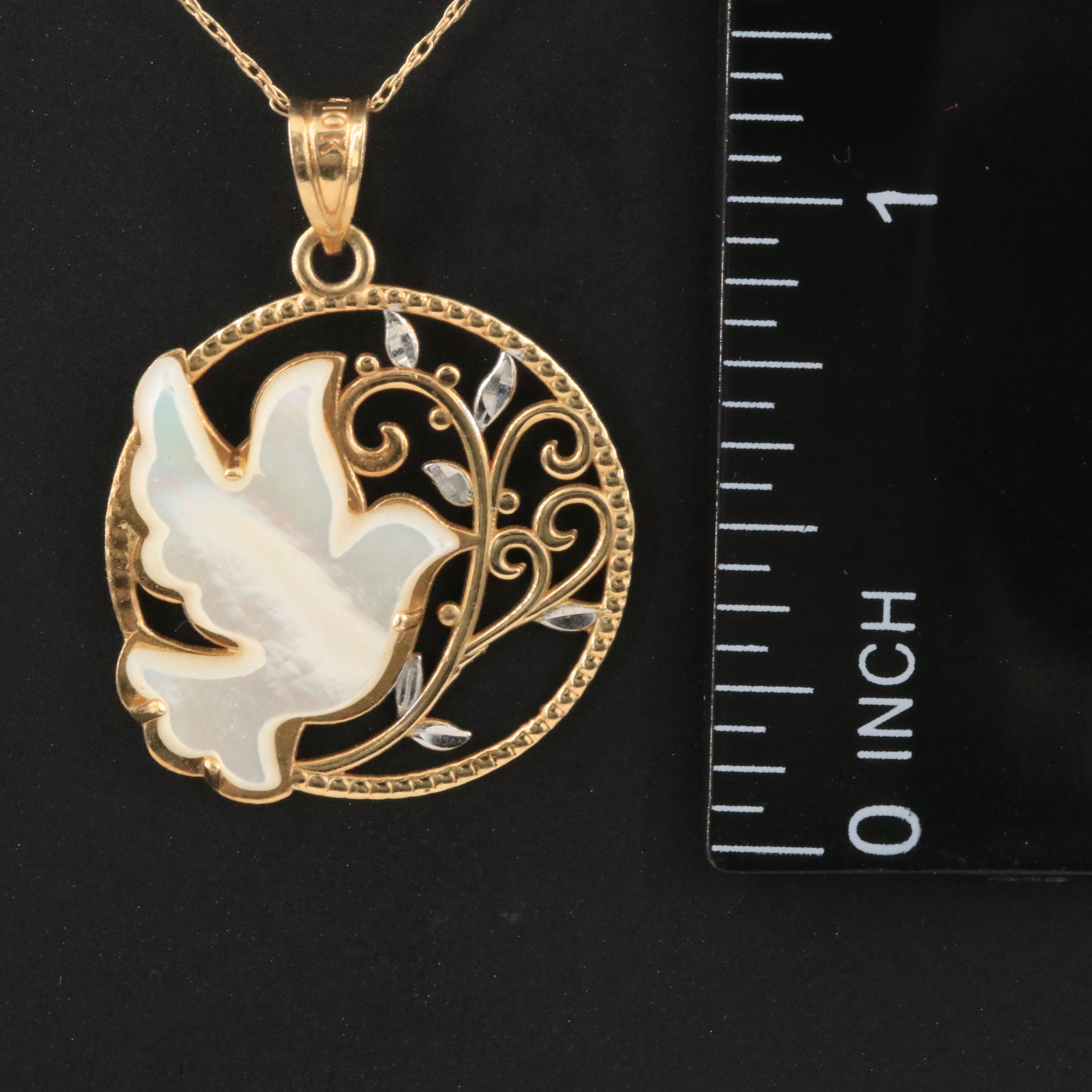 10K Mother-of-Pearl Winged Dove Circle Pendant Necklace