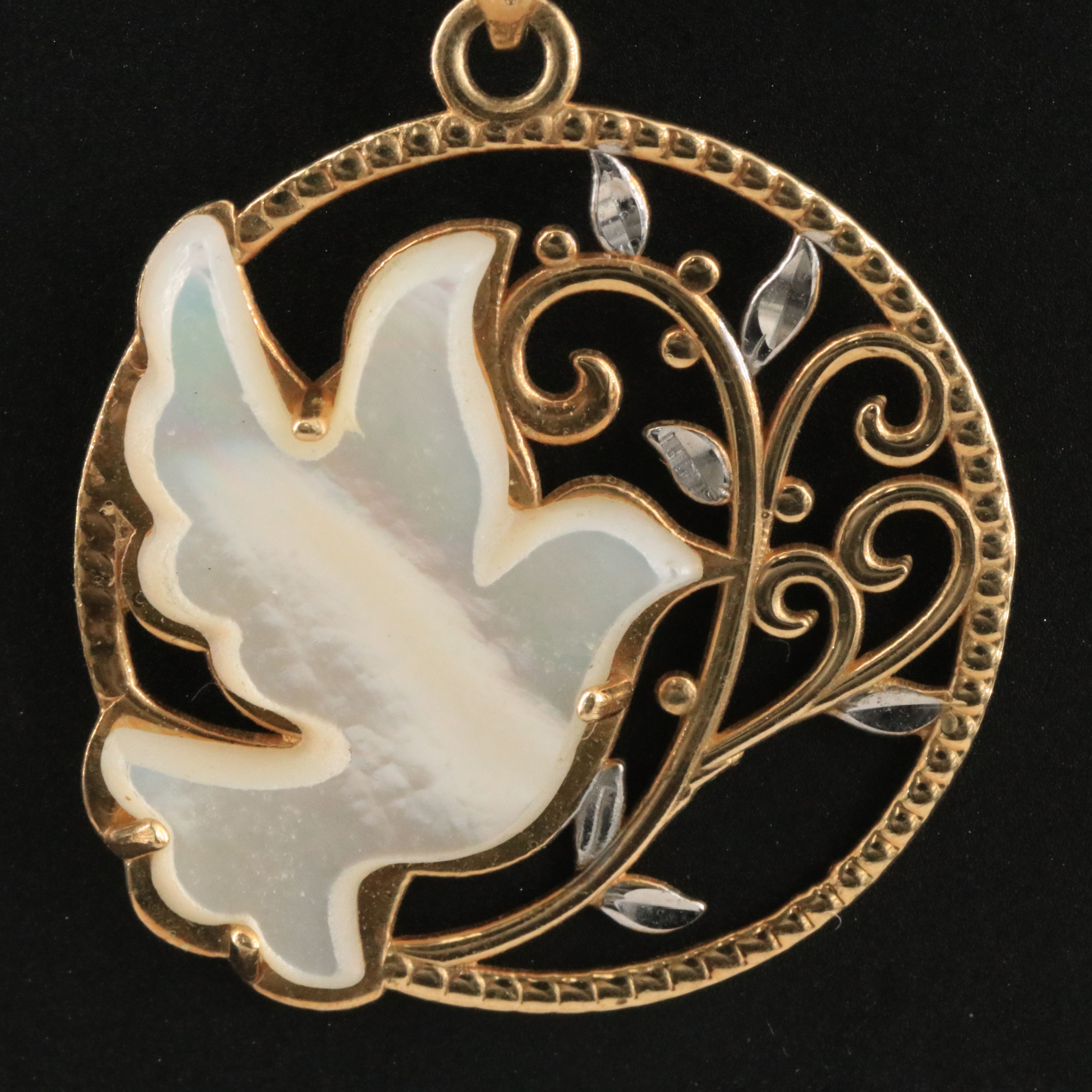 10K Mother-of-Pearl Winged Dove Circle Pendant Necklace