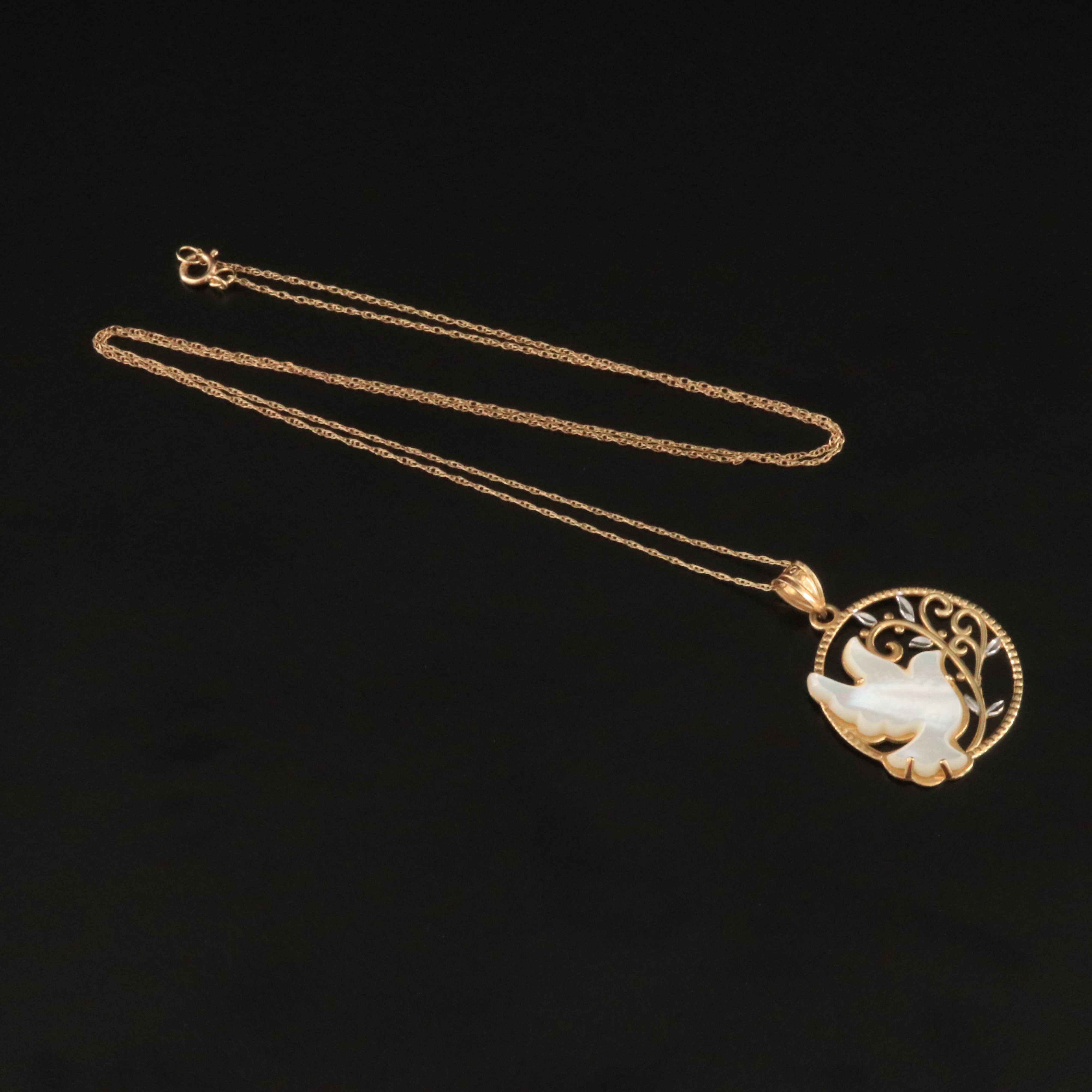 10K Mother-of-Pearl Winged Dove Circle Pendant Necklace