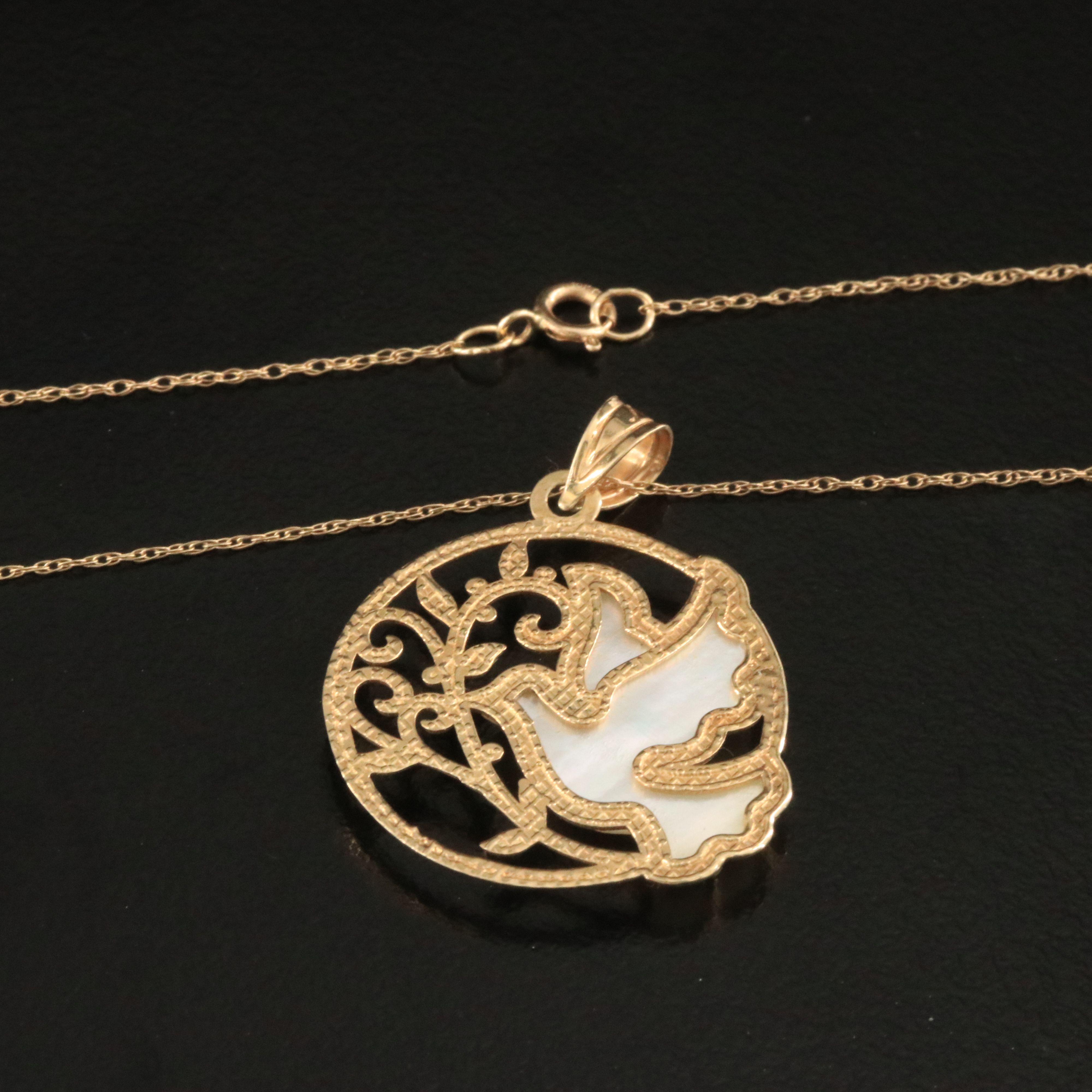 10K Mother-of-Pearl Winged Dove Circle Pendant Necklace