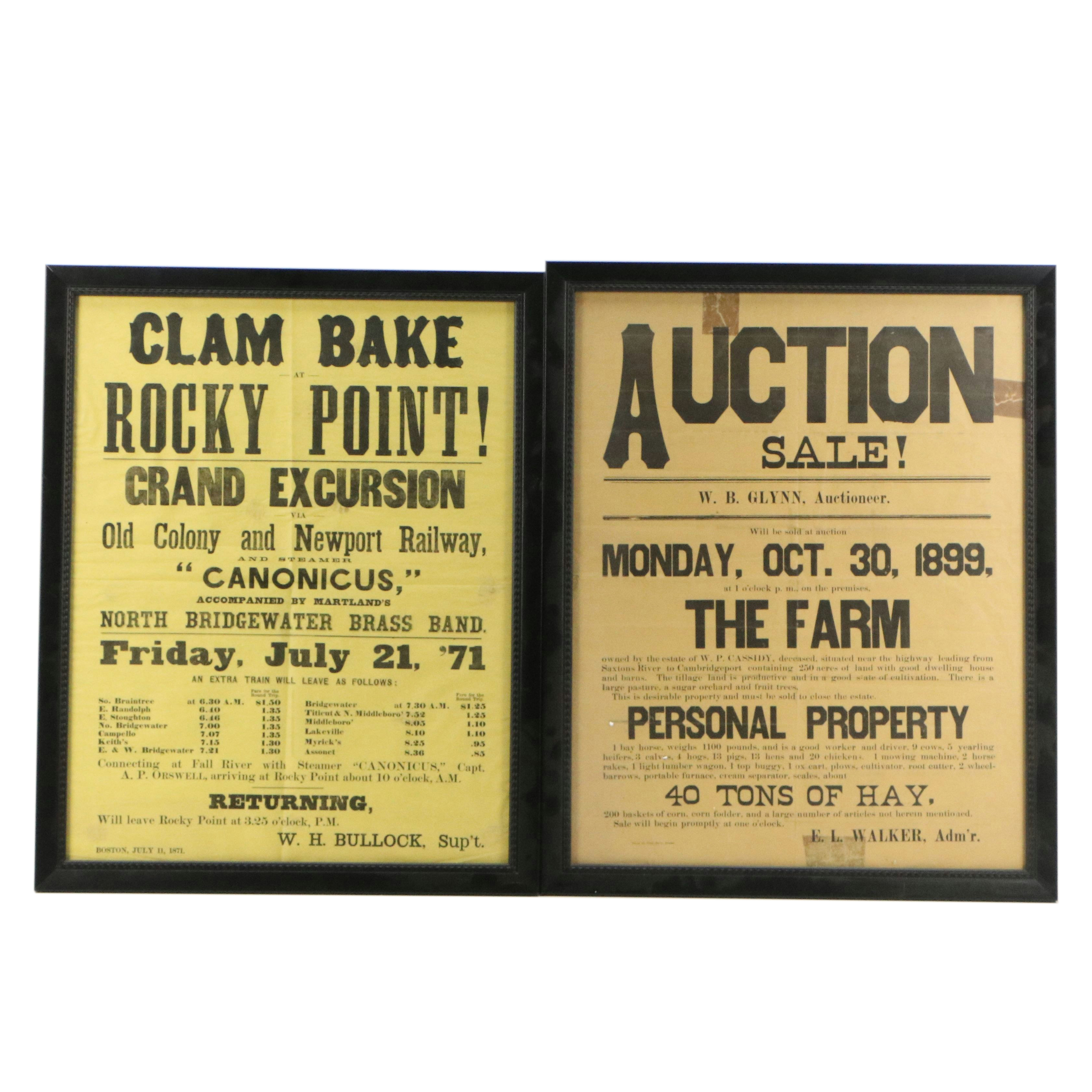 Late 19th Century Advertisement Posters for Auction and Excursion