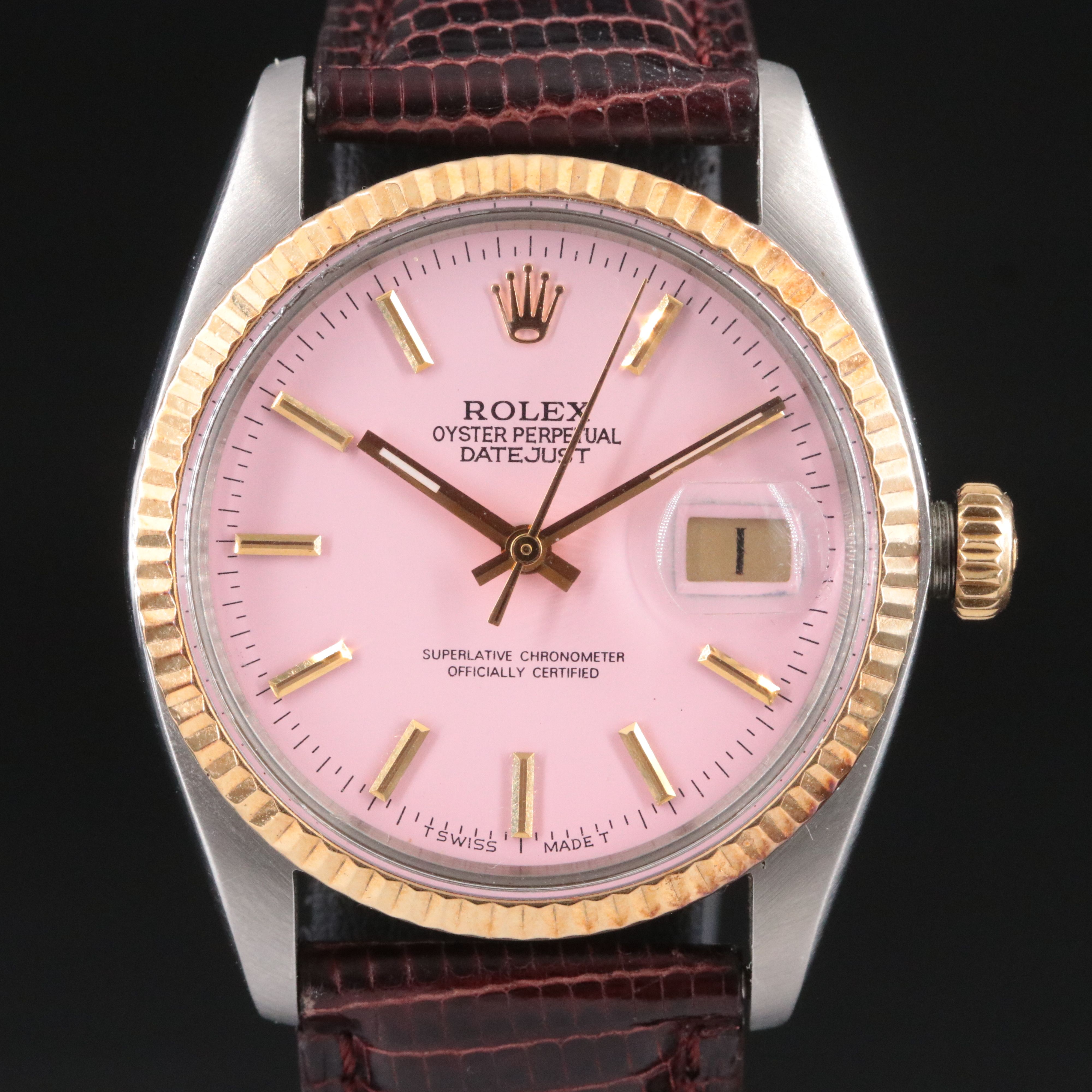 1979 Rolex Datejust 18K & Steel Custom Pink Dial Watch
