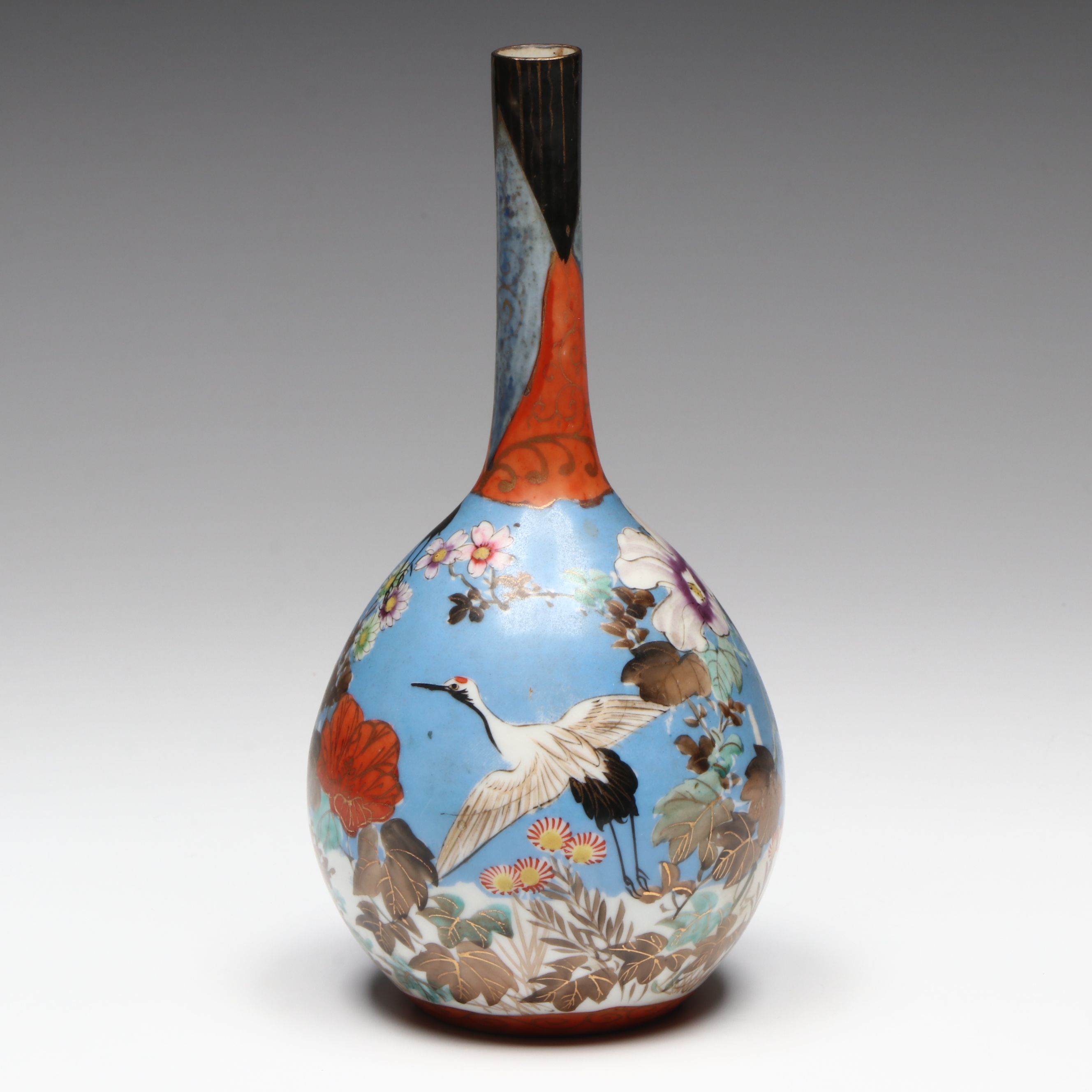 Japanese Meiji Period Kutani Crane Porcelain Vase