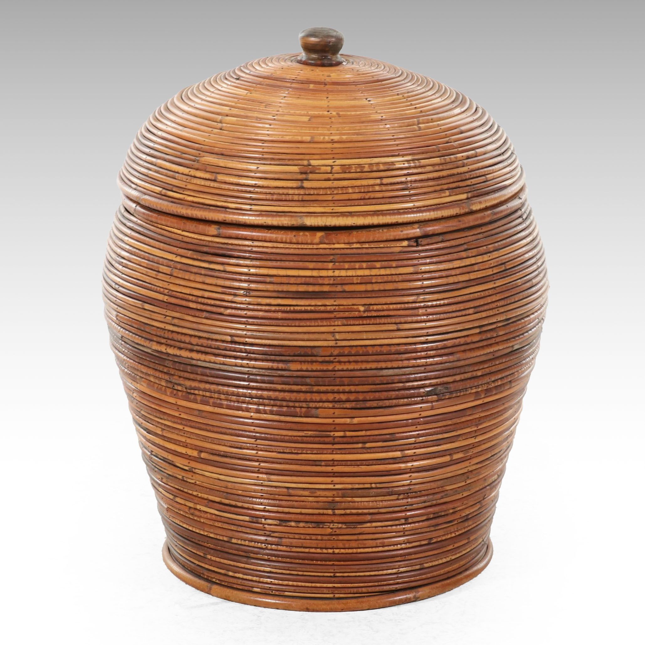 Handcrafted Reed and Wood Lidded Jar