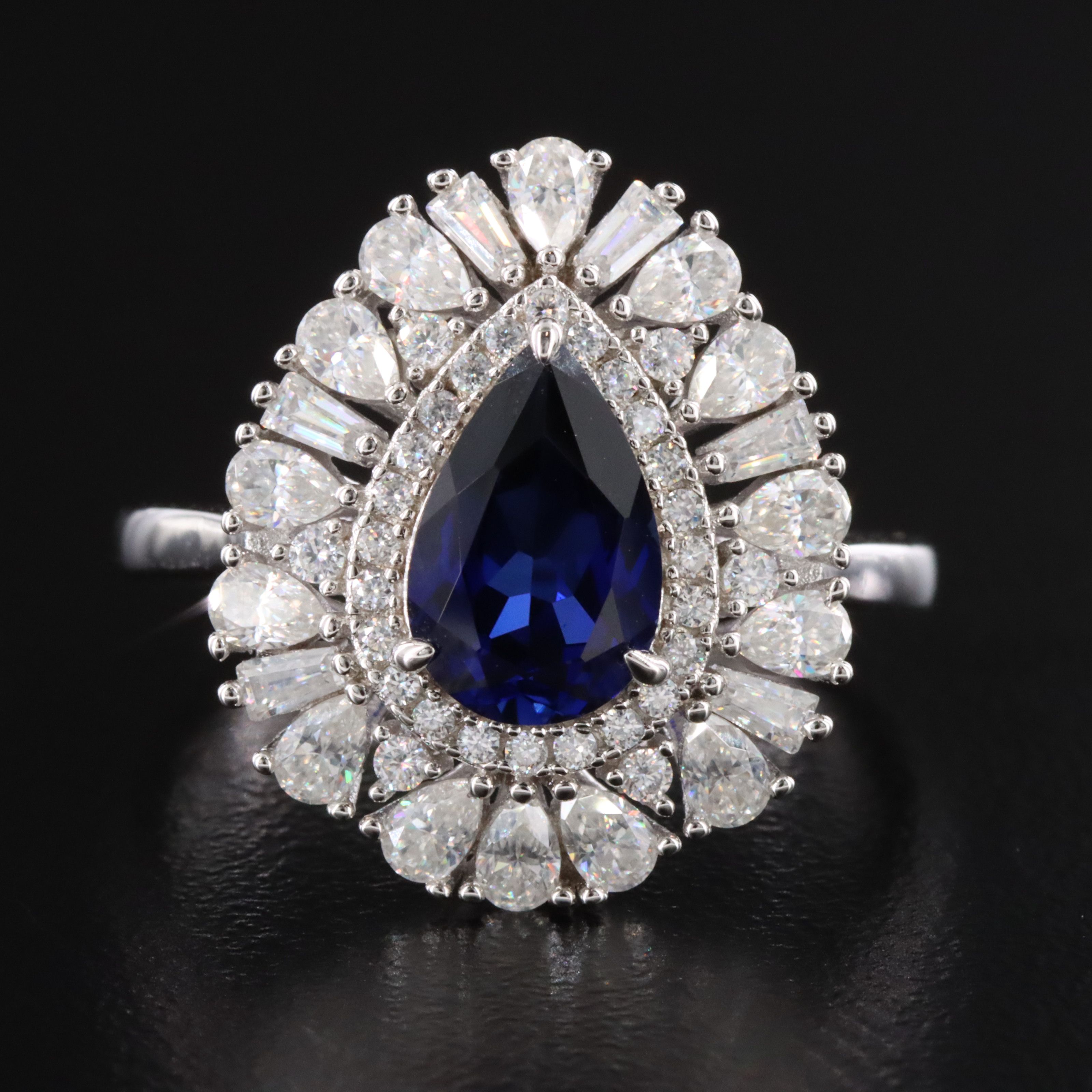 Sterling Sapphire and Moissanite Teardrop Halo Ring