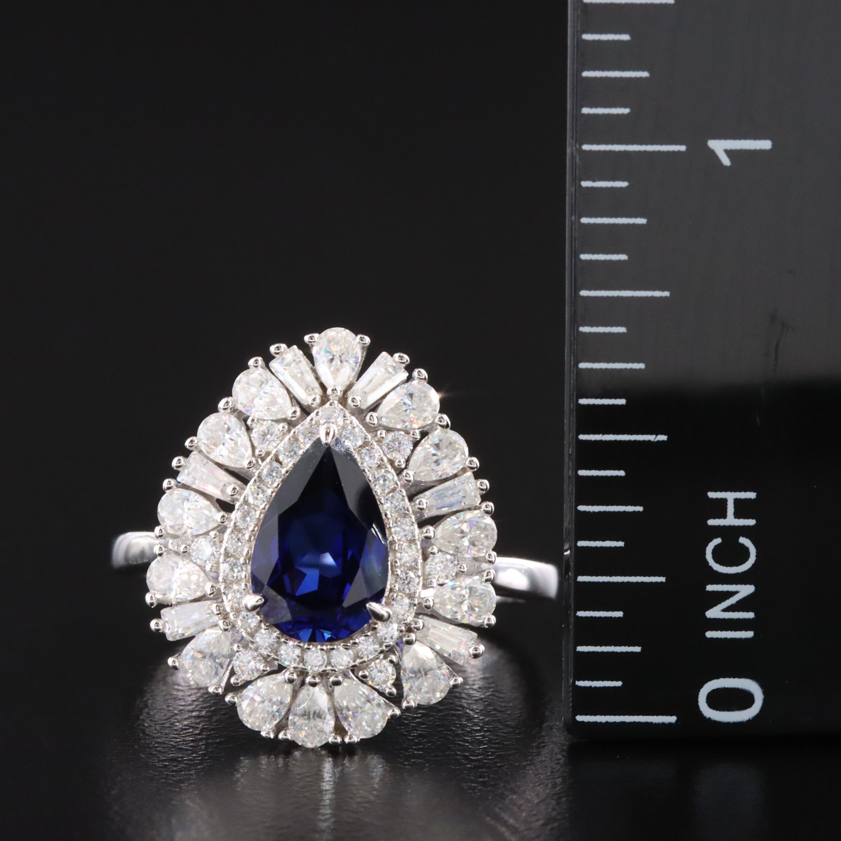 Sterling Sapphire and Moissanite Teardrop Halo Ring