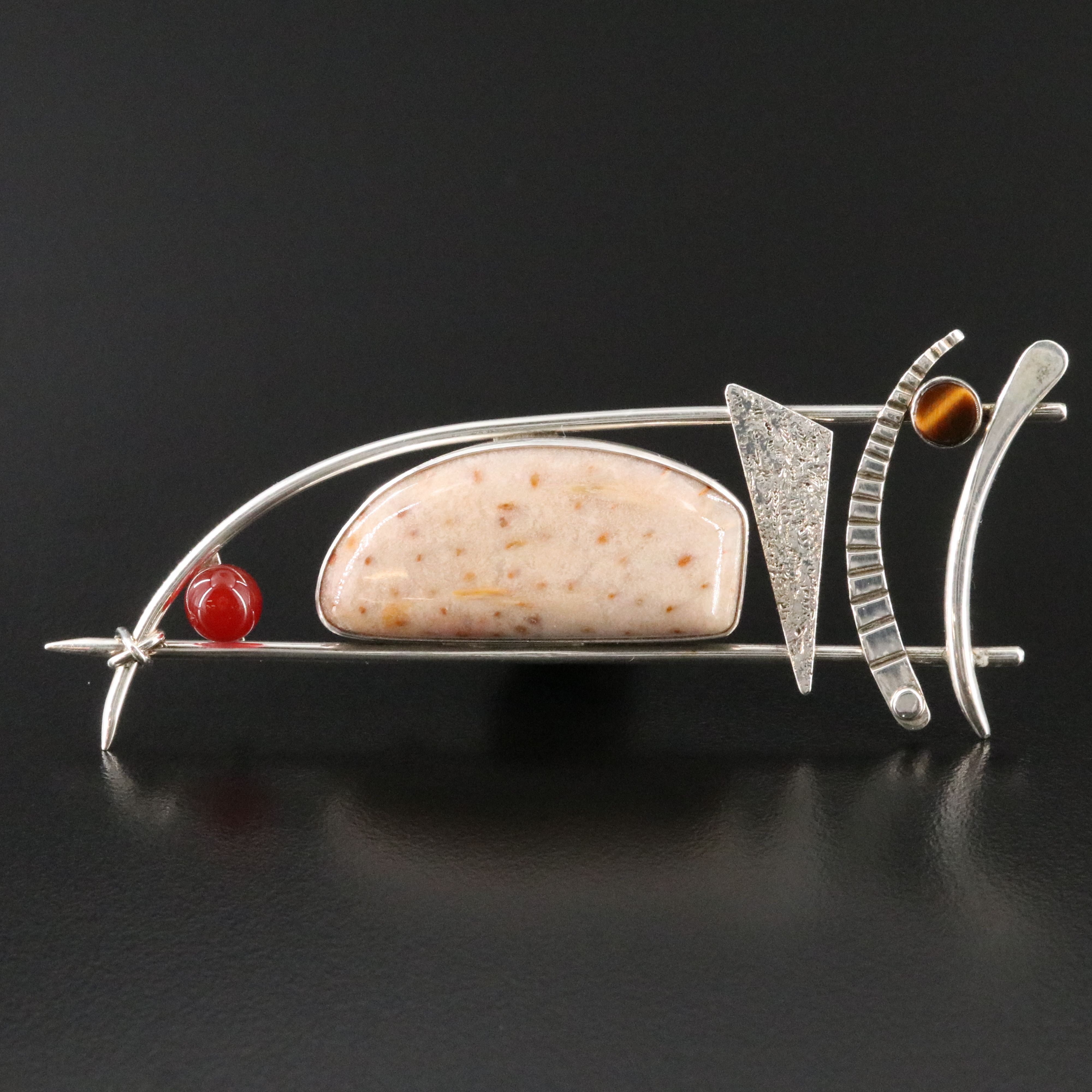 Artist Signed Sterling Brooch with Agate, Tiger's Eye and Carnelian