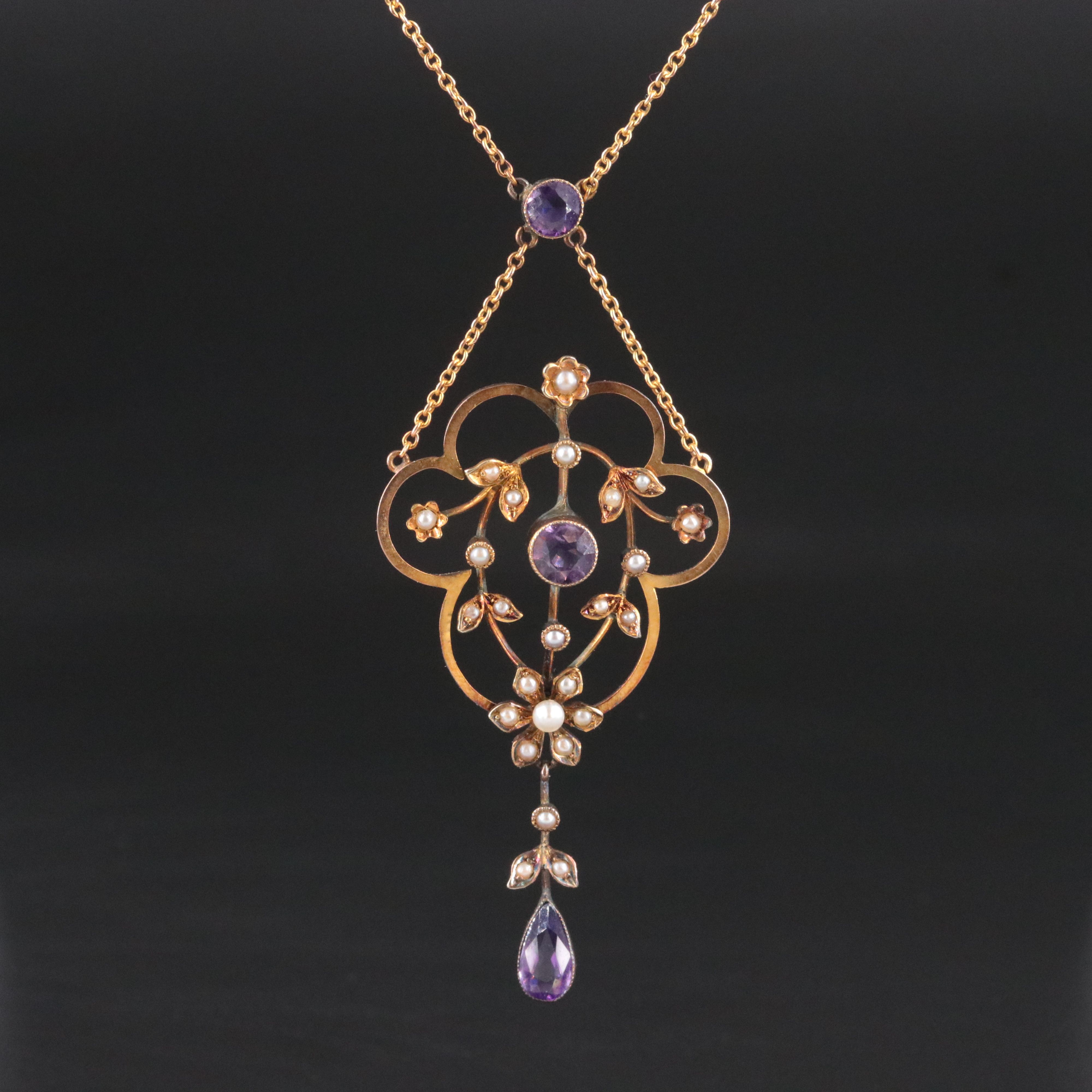 Art Nouveau 9K Rose Gold Amethyst and Seed Pearl Scalloped Lavalier Necklace