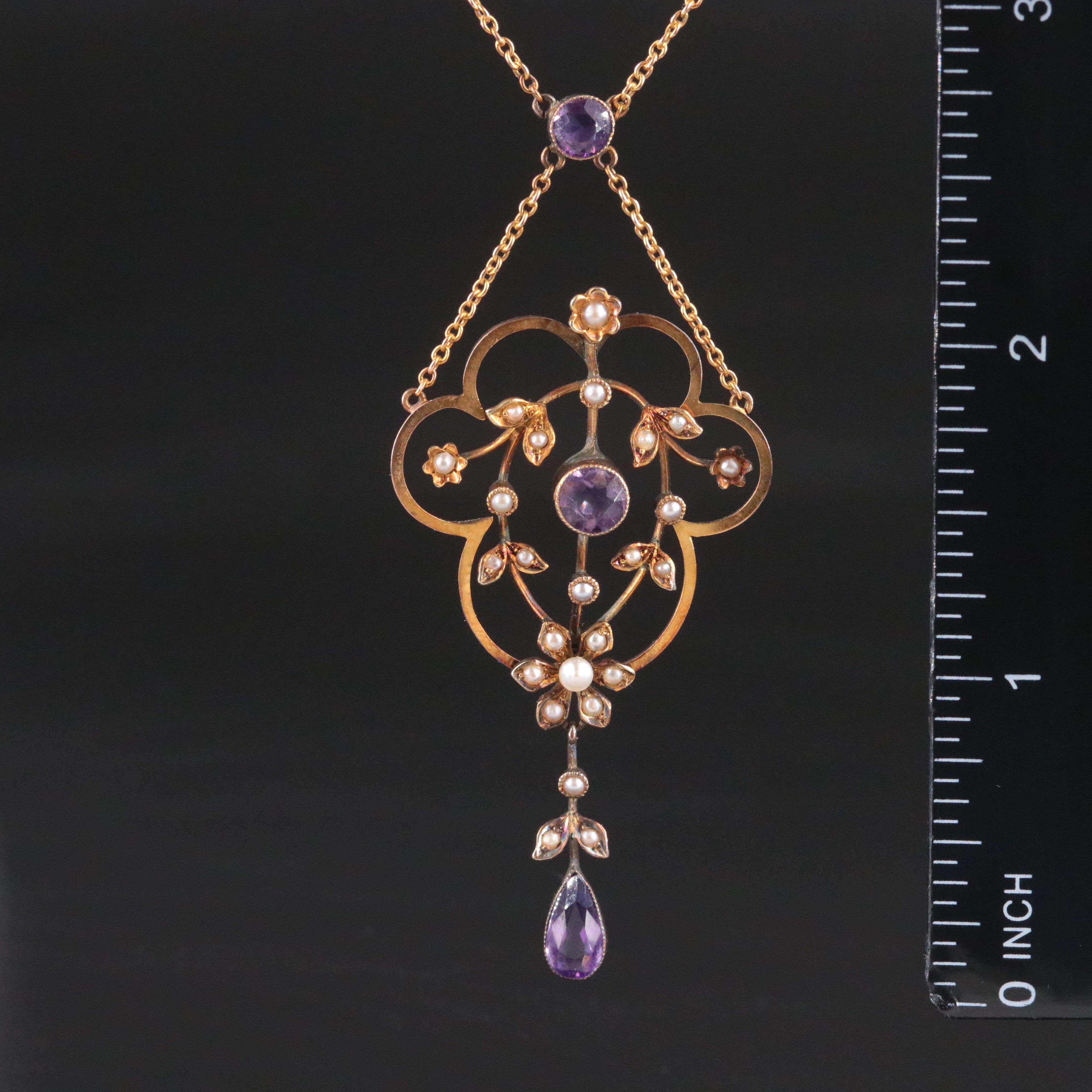 Art Nouveau 9K Rose Gold Amethyst and Seed Pearl Scalloped Lavalier Necklace